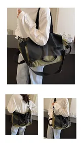 Detailed views showing olive green canvas and black leather crossbody messenger bag