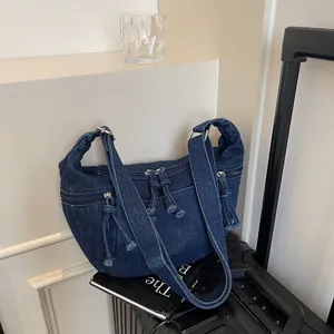 Vintage large capacity dark blue denim dumpling bag with multi-zipper pockets