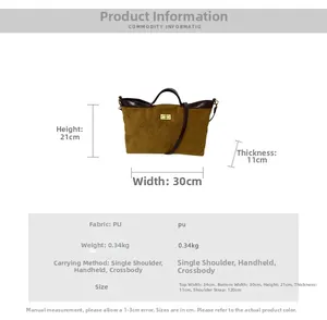 Size guide for PU shoulder bag showing dimensions 30x21x11cm with adjustable strap details