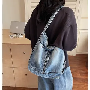 Γυναικεία Ρετρό Πλυμένη Τσάντα Denim Tote Μεγάλη Χωρητικότητα Πολλαπλές Τσέπες Τσάντα Ώμου Πριτσίνια Φερμουάρ Casual Τσάντα Hobo