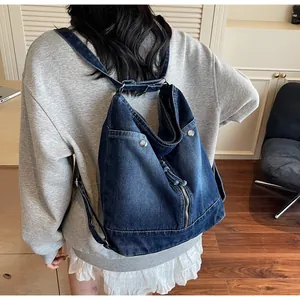 Μεγάλη vintage τσάντα denim για γυναίκες με μπλε ύφασμα και μεταλλικά φερμουάρ