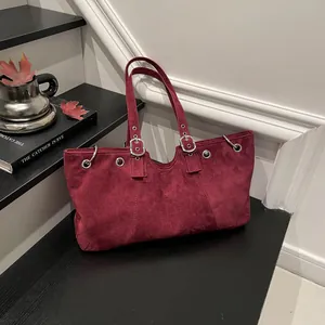 Γυναικεία Τσάντα Tote από Σουέντ Μεγάλης Χωρητικότητας Ρετρό Αστική Μινιμαλιστική Τσάντα Ώμου Ασημένια Καψούλια Ρυθμιζόμενο Λουρί