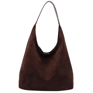 Vintage τσάντα hobo από σκούρο καφέ σουέτ με μεγάλη χωρητικότητα και λουράκι