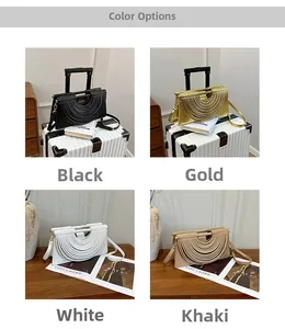 Detail view of woven pleated crossbody bags in black, gold, white, and khaki colors
