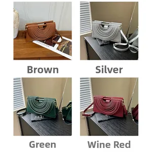 Detailed grid view of pleated crossbody bags in brown, silver, green and wine red colors