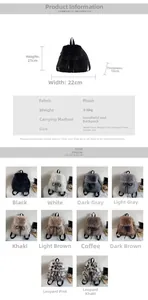 Detailed size chart and multi-color options for fluffy plush mini backpack with dimensions