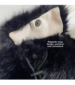Macro shot of faux fur backpack featuring secure magnetic button closure and drawstrings
