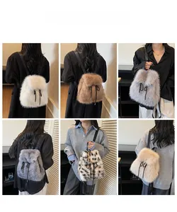 Detailed views of faux fur backpacks in six colors including leopard and solid tones