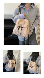 Detail of plush faux fur backpack showing the soft texture and black drawstring closure