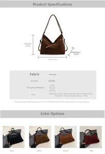 Detailed chart showing vintage suede tote bag dimensions, material info, and color options