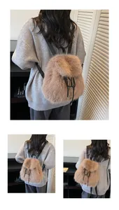 Brown faux fur backpack detail showing soft plush texture and black drawstring closure