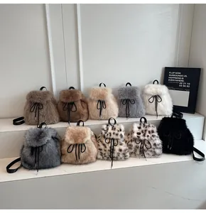 Detailed collection of plush faux fur backpacks in solid colors and leopard patterns