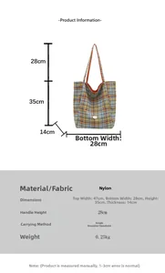 Detailed size chart and dimensions for the large capacity plaid nylon tote shoulder bag
