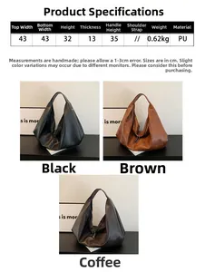 Detailed size guide table for large PU leather tote bag with product dimensions and weights