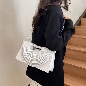 White woven pleated shoulder bag for women with minimalist rectangular design and gold hardware