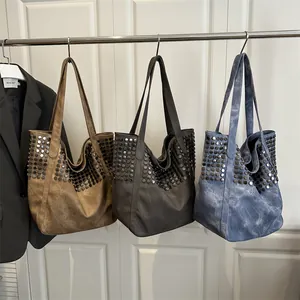 Τρεις μεγάλες τσάντες tote με τρουκς σε vintage καφέ, σκούρο γκρι και ξεθωριασμένο μπλε