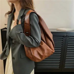 Large Capacity Women PU Leather Hobo Bag Vintage Soft Slouchy Tote Bag Minimalism Urban Casual Shoulder Bag For Work Travel