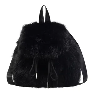 Sweet fluffy faux fur backpack for women in solid black with adjustable nylon straps