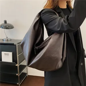 Large dark brown hobo tote bag in wrinkled faux leather with metallic zipper for women