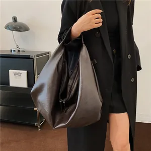 Large dark brown PU leather tote bag with U-shape design and metal zipper closure