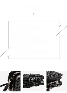Detailed close-up of black studded leather handbag showing zippers and textures