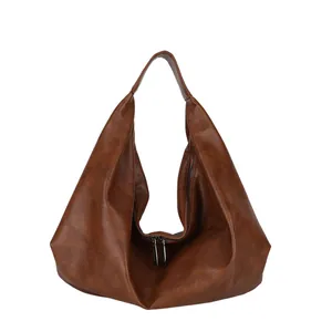 Deep brown textured PU leather hobo tote bag with zipper and soft slouchy design