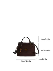 Detailed view of brown suede kelly bag with dimensions 26cm width and 15cm height