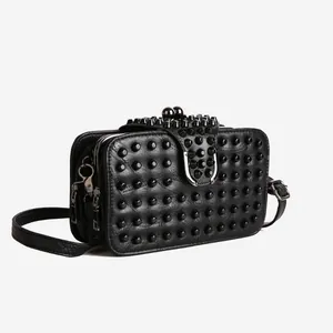 Women Punk Studded Rivet Crossbody Bag Gothic Black PU Leather Small Square Shoulder Bag With Adjustable Strap Fashion Handbag