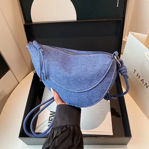 Γυναικεία Τσάντα Hobo από Ντένιμ Casual Τσάντα Χιαστί Μισοφέγγαρο Με Ιμάντα με Κόμπους Μινιμαλιστική Τσάντα Dumpling Μόδα Τσάντα
