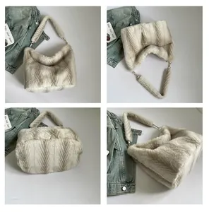 Vues détaillées du sac cabas en fausse fourrure avec motifs en V et crochets dorés