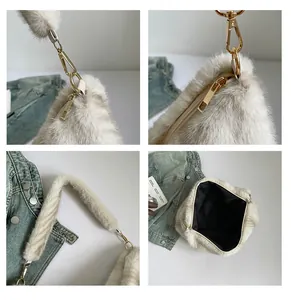 Détails de la fermeture éclair dorée et des finitions sur un sac fourre-tout en peluche