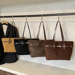 Βίντατζ Τσάντα Tote Μεγάλης Χωρητικότητας Με Λεοπάρ Σχέδιο Για Γυναίκες Σουέτ PU Τσάντα Ώμου Με Χρυσή Μεταλλική Πόρπη Καθημερινή