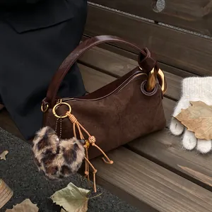 Vintage Women's PU Suede Pillow Bag Niche Design Handbag Small Shoulder Crossbody Bag With Leopard Heart Charm