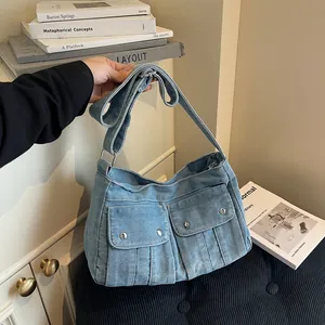 Vintage Washed Denim Shoulder Bag For Women Workwear Style Tote Bag With Double Pockets Casual Daily Use Denim Handbag