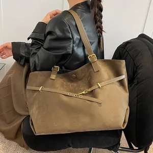 Retro large brown suede tote bag for women with cross strap and gold hardware detail