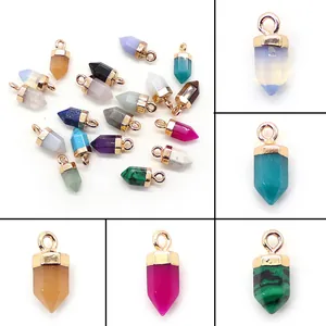 Natuursteen Zeshoekige Pilaar Kogelvorm Hanger Goud Vergulde Koperen Kap DIY Sieraden Accessoires Voor Ketting Maken