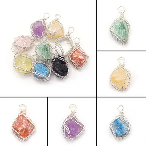 Pendenti in Pietra Naturale Grezza Con Filo Avvolto a Mano a Rete Pendenti Irregolari in Fluorite Ametista Citrino Quarzo Per Creazione Gioielli Fai Da Te (Solo Pendente)