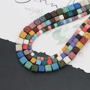 Colorful cube natural lava stone beads with porous texture for DIY aromatherapy jewelry