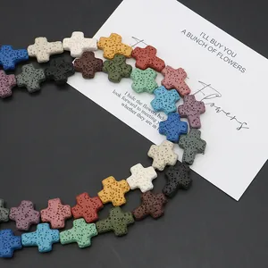 Perles en pierre de lave colorées en forme de croix pour la création de bijoux DIY