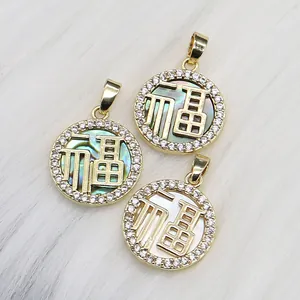 Gold shell pendant with Fu character, abalone and mother of pearl, encrusted with zircons