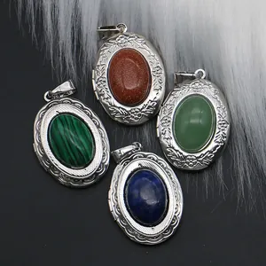 Vintage oval locket pendants with natural stone inlay and floral embossed metal border