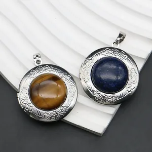 Vintage oval locket pendants with natural tiger eye and lapis lazuli stones for DIY jewelry