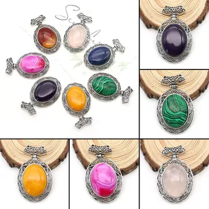 Oval Natural Stone Pendant Only Without Chain Zinc Alloy Hollow Semi-Precious Gemstone Vintage Ethnic DIY Jewelry Accessories For Women