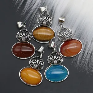 Five-piece set of natural tiger eye and malachite gourd pendants with ornate silver filigree