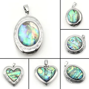 Vintage Abalone Shell Locket Pendant Silver Plated Copper Heart Oval Round Embossed Photo Frame DIY Necklace Accessory