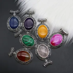 Set of oval natural stone pendants with vintage filigree silver-plated zinc alloy frames