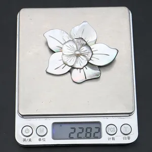 Close-up of a natural shell flower brooch on a digital scale weighing 22.82 grams