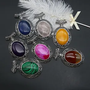 Oval natural stone pendants with vintage hollow zinc alloy frames for DIY jewelry