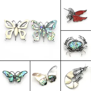 Vintage Tier Brosche Anhänger Doppelte Verwendung Abalone Perlmutt Muschel Einlage Antik Silber Legierung Schmetterling Seepferdchen Krabbe Schmuck