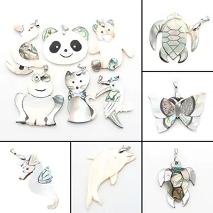 Pendentif Animal en Coquille Naturelle Assemblé à la Main Nacre Coquille d'Ormeau Tortue de Mer Hibou Panda Papillon Hippocampe DIY Fabrication de Bijoux Accessoire de Charme